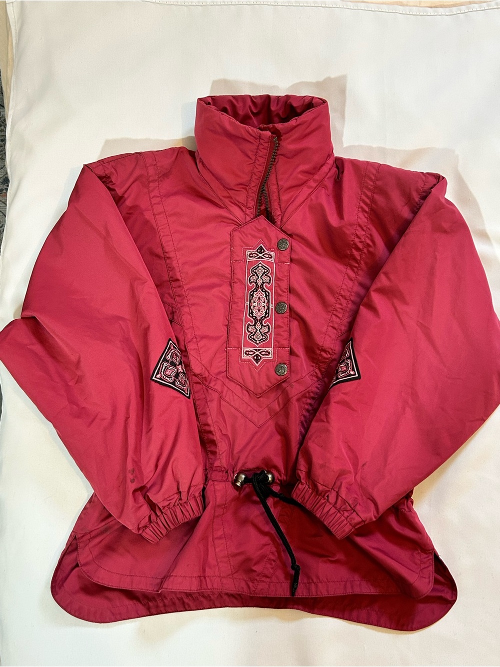 Women’s Red Anorak Pullover Jacket with Embroidered Detail